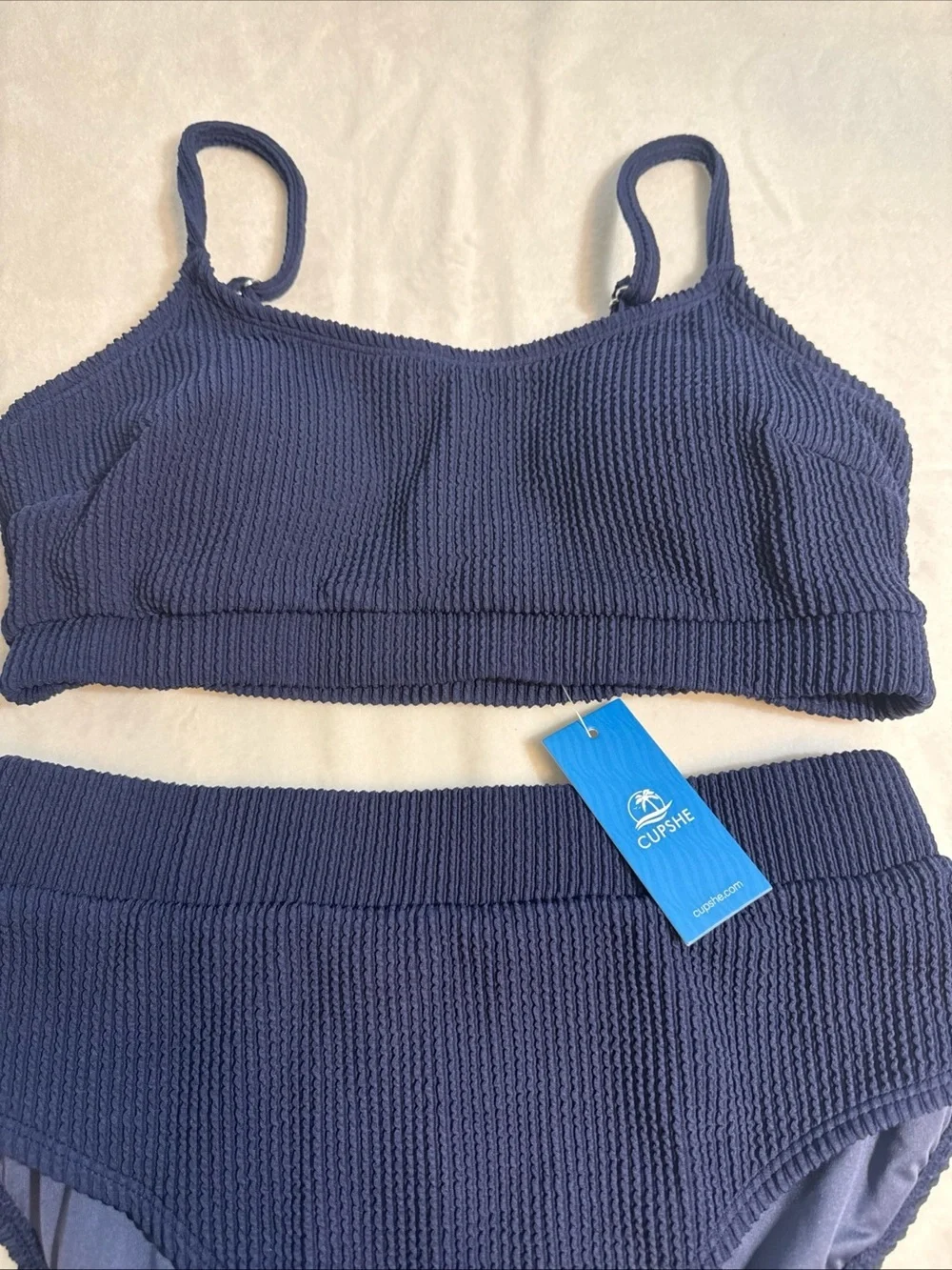 New Navy Blue CupShe Ribbed Highwaisted Bikini Set. Medium